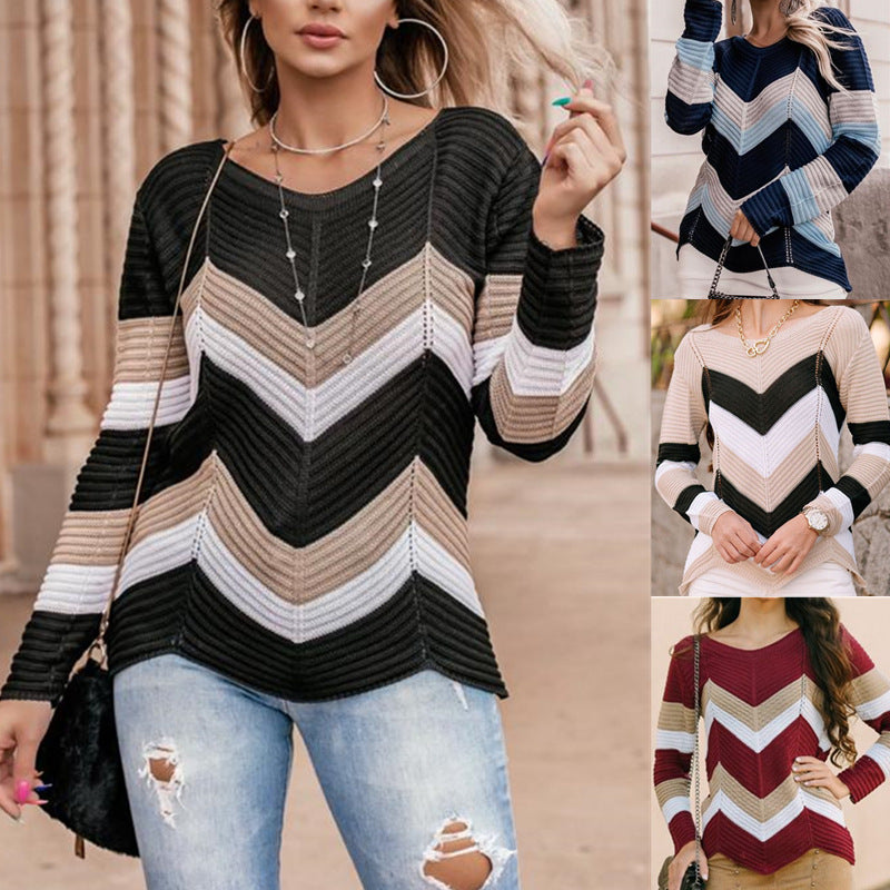 Sweater Ladies Casual Wave-shaped Contrast Color Knitted Sweater