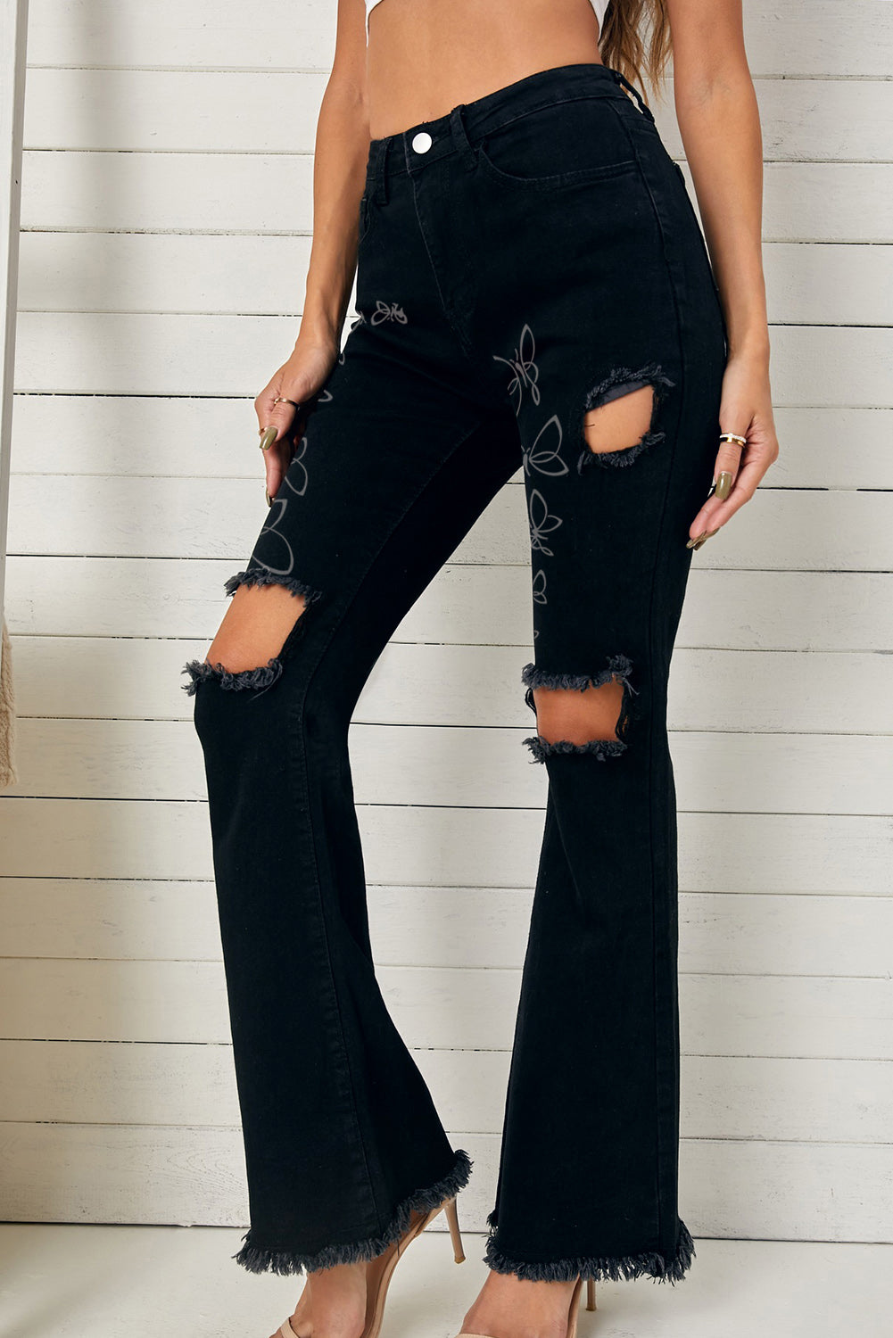 High Waist Ripped Bell Bottom Jeans